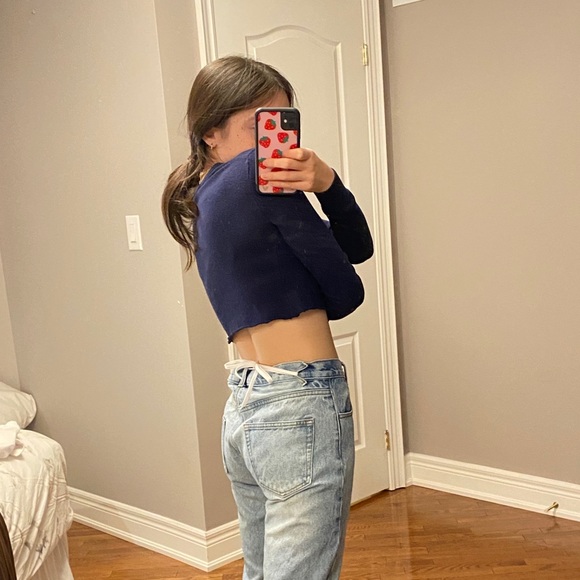 Navy button cropped cardigan - Picture 3 of 9